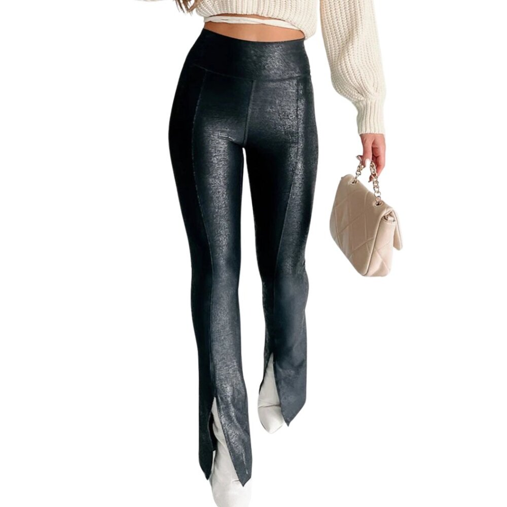 Black Faux Leather Look High Waist Flare Split Hem Leggings Pants Size M NWT